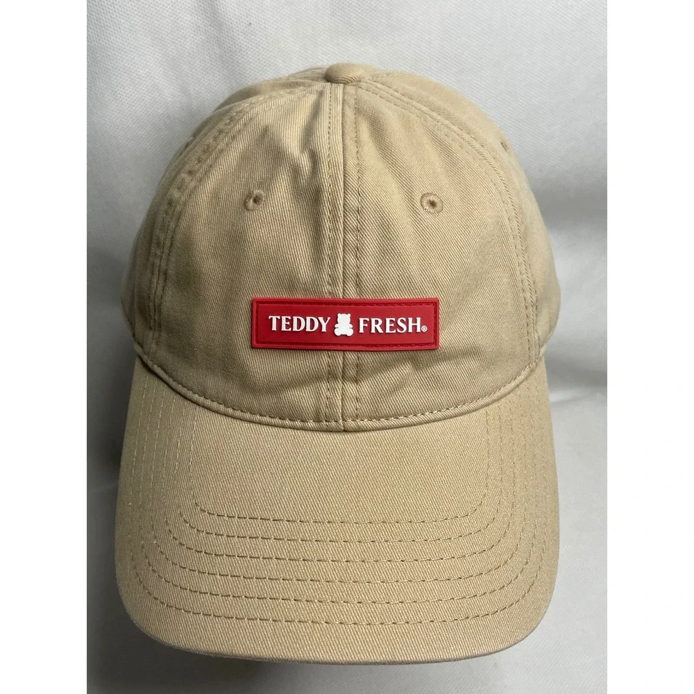 Teddy Fresh Classic Floppy Dad Cap Beige Adjustable Rubber Bear Brand Patch Hat